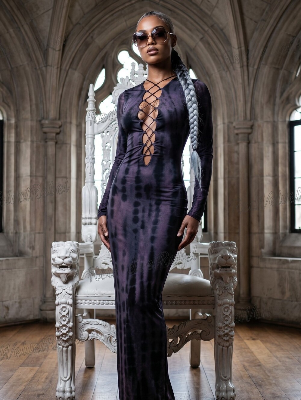 NWT Tie Dye Sexy Lace Up Extreme Plunge Sheer Mesh Lace Back Maxi Dress